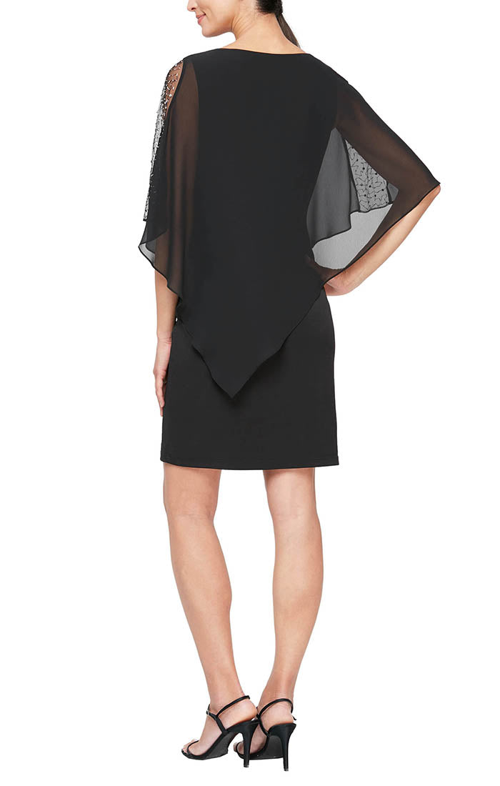 Jersey Sheath Dress with Asymmetric Chiffon Capelet with Embellished Illusion Panel