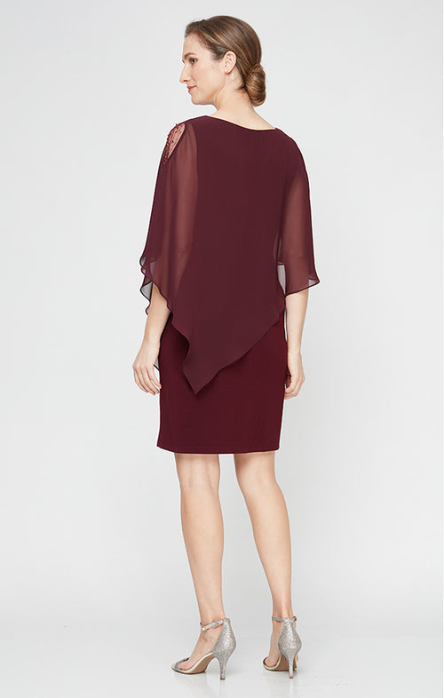 Petite Short Sheath Dress With Embellished Illusion Panel Detail Asymmetric Popover Bodice
