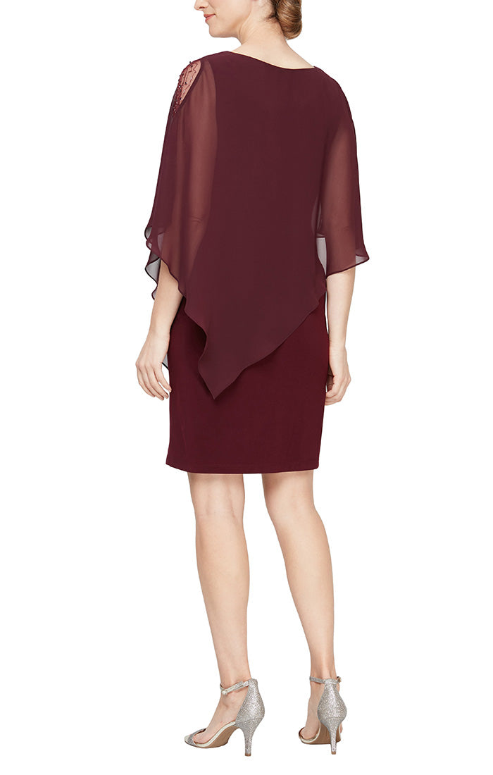 Jersey Sheath Dress with Asymmetric Chiffon Capelet with Embellished Illusion Panel