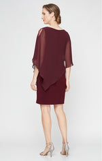 Jersey Sheath Dress with Asymmetric Chiffon Capelet with Embellished Illusion Panel Jersey Sheath Dress with Asymmetric Chiffon Capelet with Embellished Illusion Panel