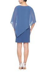 Jersey Sheath Dress with Asymmetric Chiffon Capelet with Embellished Illusion Panel