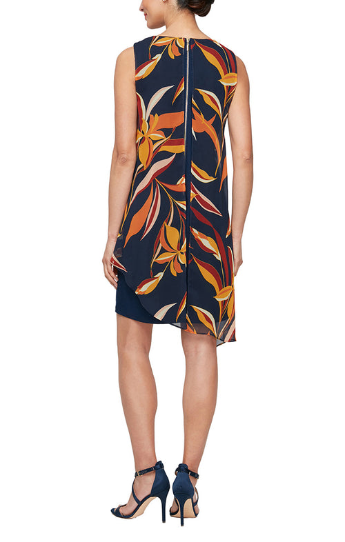 Short Jersey Sleeveless Dress with Printed Chiffon Asymmetric Overlay