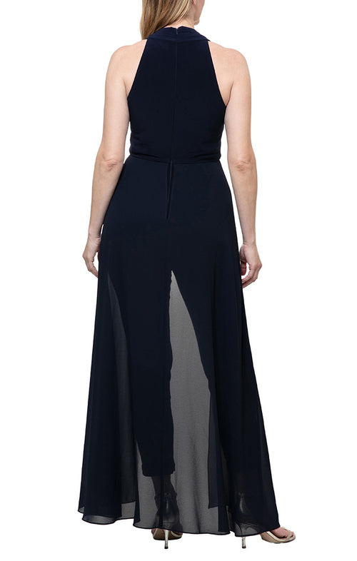 Matte Jersey Cutaway Halter Jumpsuit with Illusion Overlay Skirt