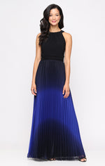 Long Pleated Ombre Chiffon Dress with Matte Jersey Halter Neck Bodice