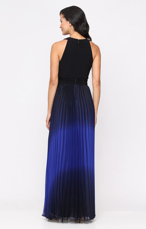 Long Pleated Ombre Chiffon Dress with Matte Jersey Halter Neck Bodice