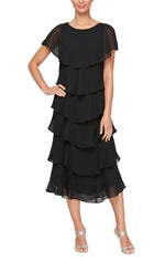 Georgette Tea-Length Tiered Cocktail Dress with Beaded Pins on Shoulders