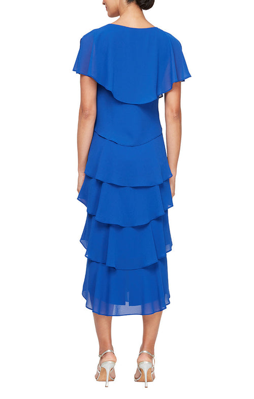 Regular - Tea-Length Georgette Tiered Dress with Shoulder Embellishments