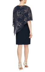 Jersey Sheath Dress with Floral Chiffon Overlay with Beaded Trim