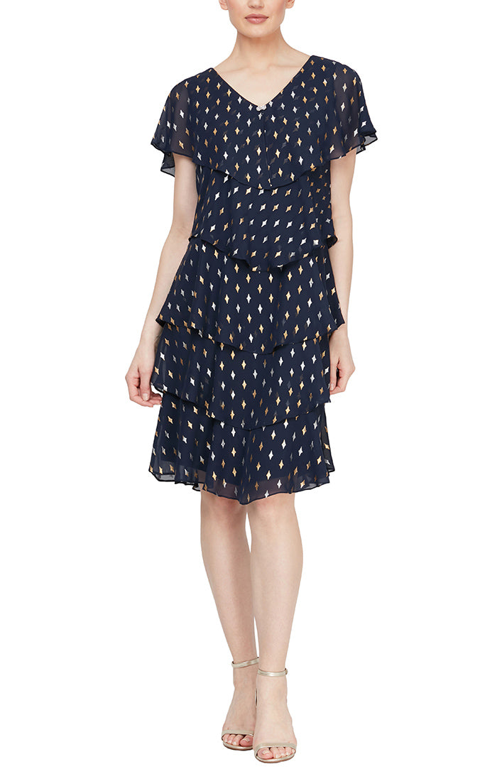 Metallic Printed Short Sleeve Tier Dress with Embellishment at Neckline