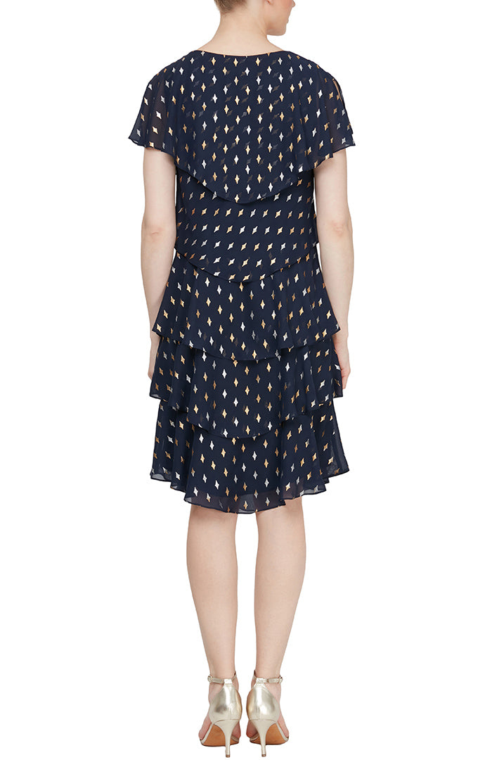 Metallic Printed Short Sleeve Tier Dress with Embellishment at Neckline