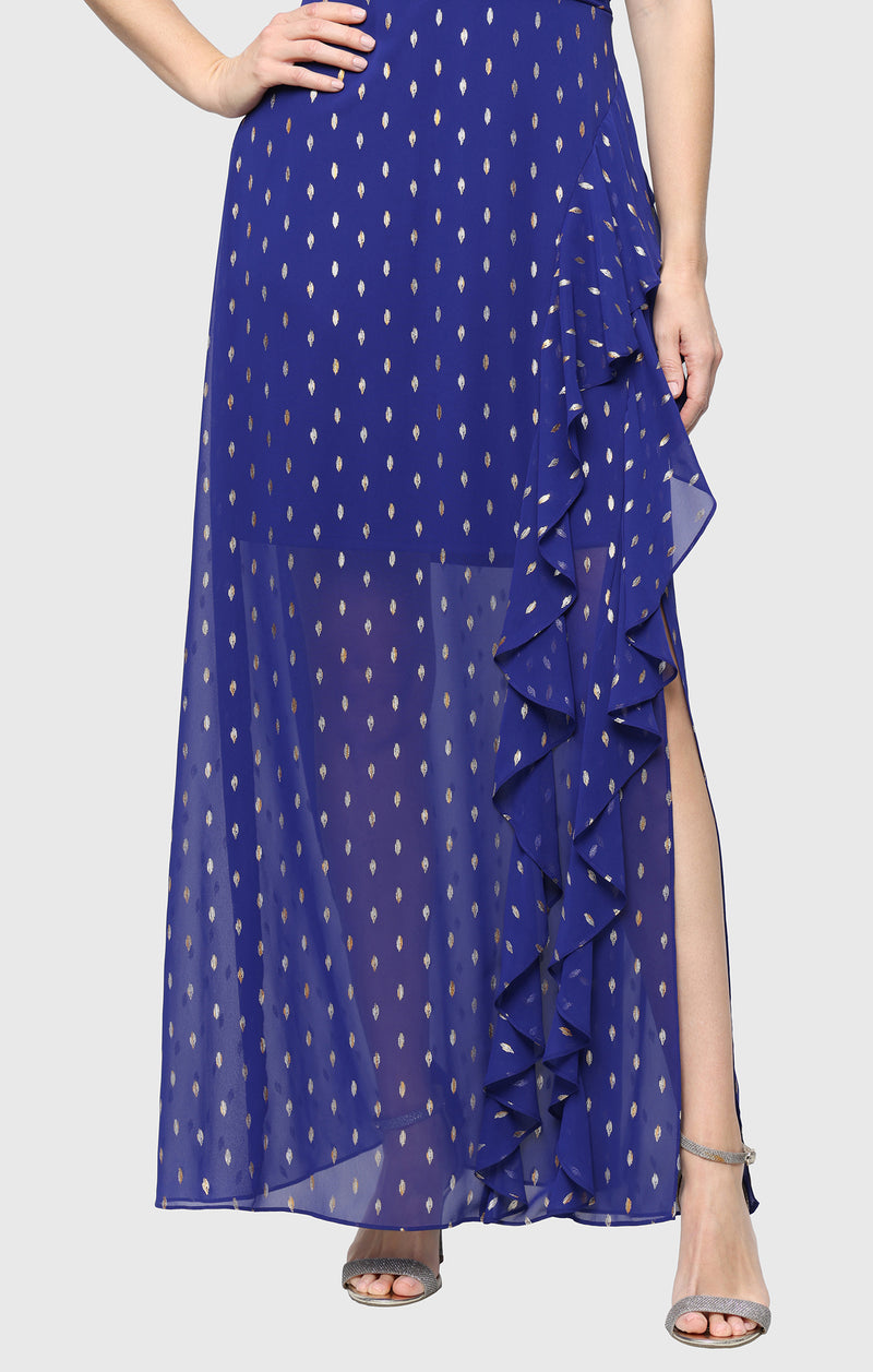 Foil Printed Surplice Dress with Ruched Waist & Cascade Ruffle Skirt D ...