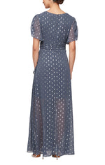 Foil Printed Surplice Dress with Ruched Waist & Cascade Ruffle Skirt Detail