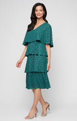 Tea Length Foil Dot Chiffon Tiered Dress with V-Neckline