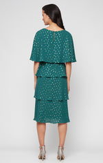 Tea Length Foil Dot Chiffon Tiered Dress with V-Neckline