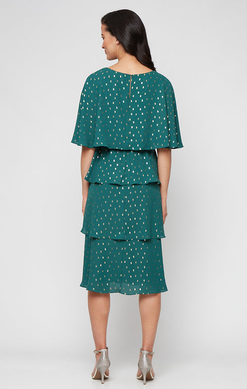 Tea Length Foil Dot Chiffon Tiered Dress with V-Neckline