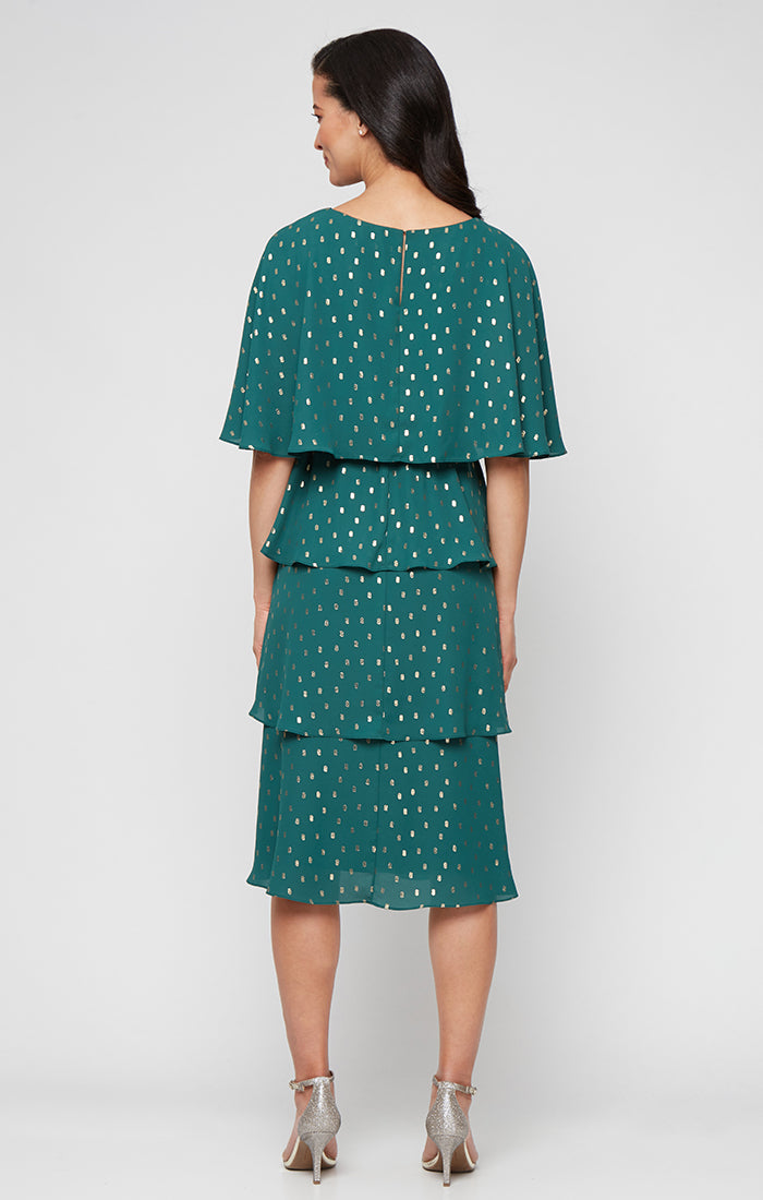 Tea Length Foil Dot Chiffon Tiered Dress with V-Neckline