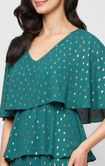 Tea Length Foil Dot Chiffon Tiered Dress with V-Neckline