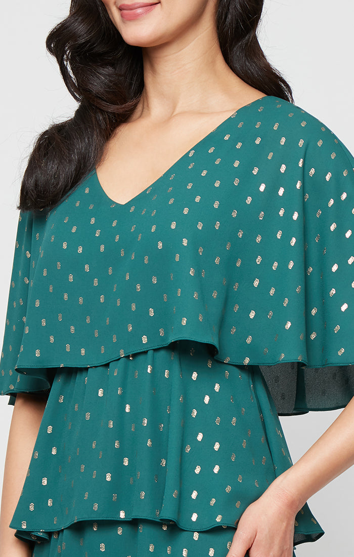 Tea Length Foil Dot Chiffon Tiered Dress with V-Neckline