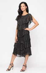Tea Length Foil Prirnted Tier Dress with Embellishment Detail at Shoulder
