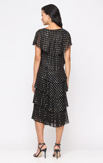 Tea Length Foil Prirnted Tier Dress with Embellishment Detail at Shoulder