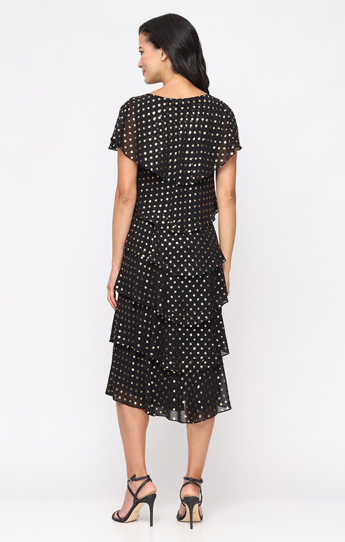 Tea Length Foil Prirnted Tier Dress with Embellishment Detail at Shoulder