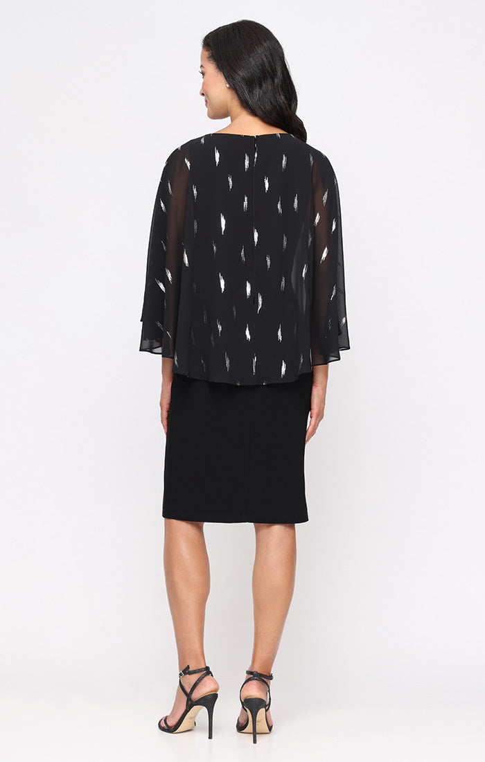 Short Matte Jersey Sheath Dress with Foil Printed Chiffon Overlay Bodice
