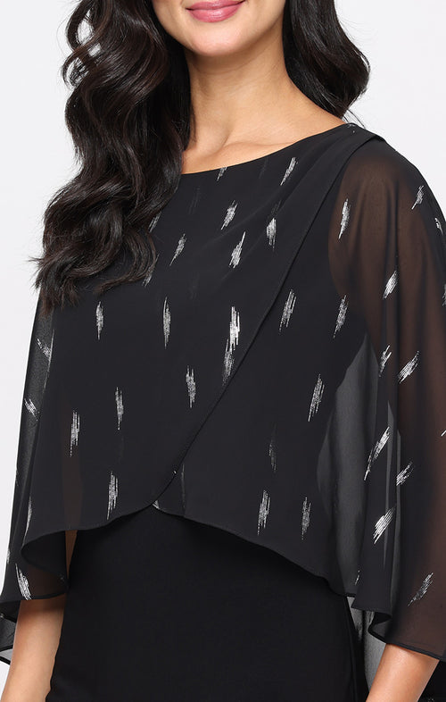 Short Matte Jersey Sheath Dress with Foil Printed Chiffon Overlay Bodice