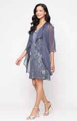 Short Foil A-Line dress with V-Neckline and Cascade Open Jacket