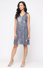 Short Foil A-Line dress with V-Neckline and Cascade Open Jacket