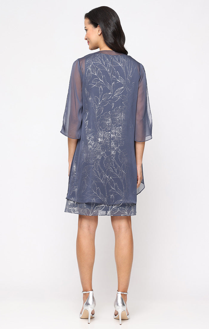 Short Foil A-Line dress with V-Neckline and Cascade Open Jacket