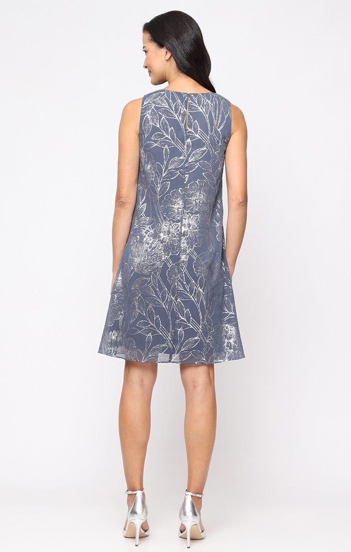 Short Foil A-Line dress with V-Neckline and Cascade Open Jacket