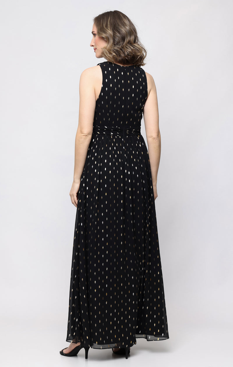 Long Foil Printed Chiffon Dress with Cross Halter Neck and Ruched Waist