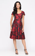 Midi Printed Jacquard A-Line Dress with Scoop Neckline and Cap Sleeves