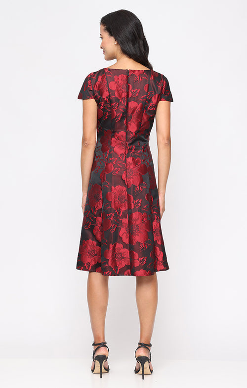 Midi Printed Jacquard A-Line Dress with Scoop Neckline and Cap Sleeves