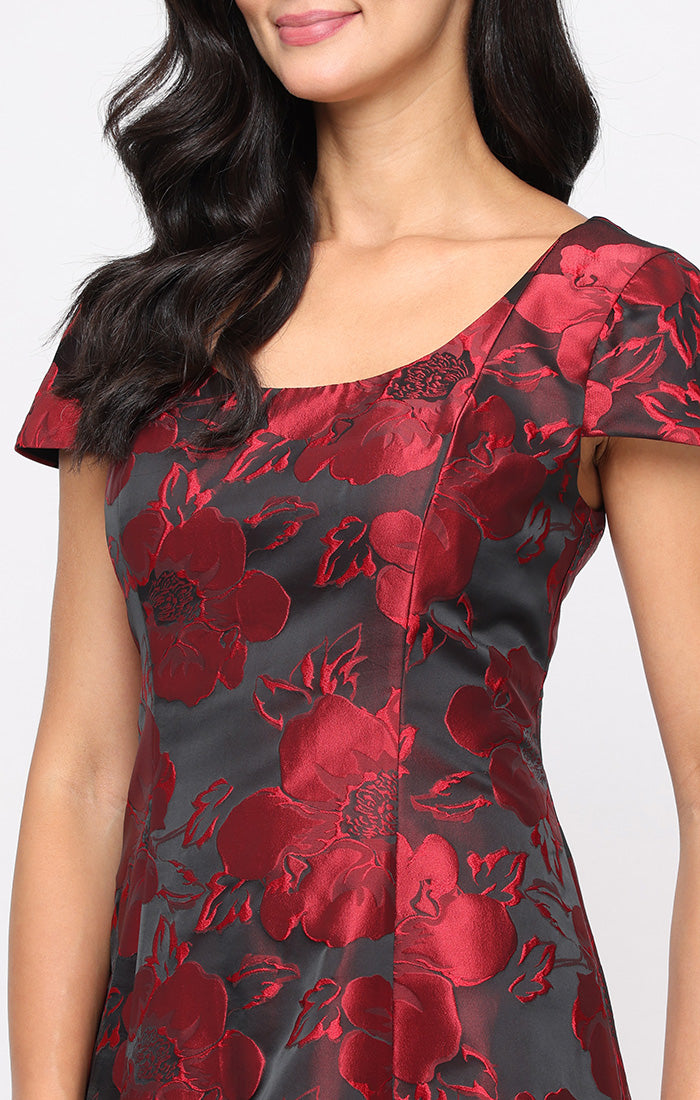 Midi Printed Jacquard A-Line Dress with Scoop Neckline and Cap Sleeves