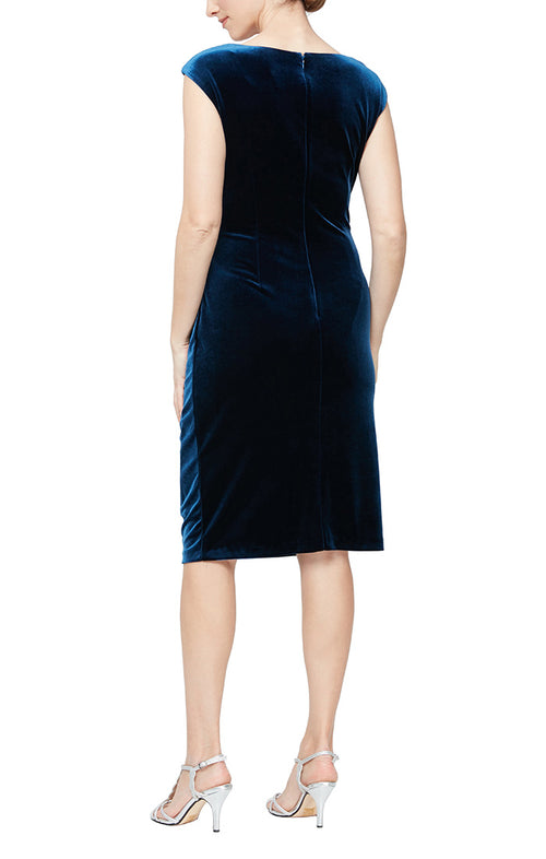Short Sleeveless Sheath Dress With Cowl Neckline and Embellishment Detail at Hip