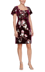 Short Square Neck Foil Printed Velvet Sheath Dress with Flutter Sleeves