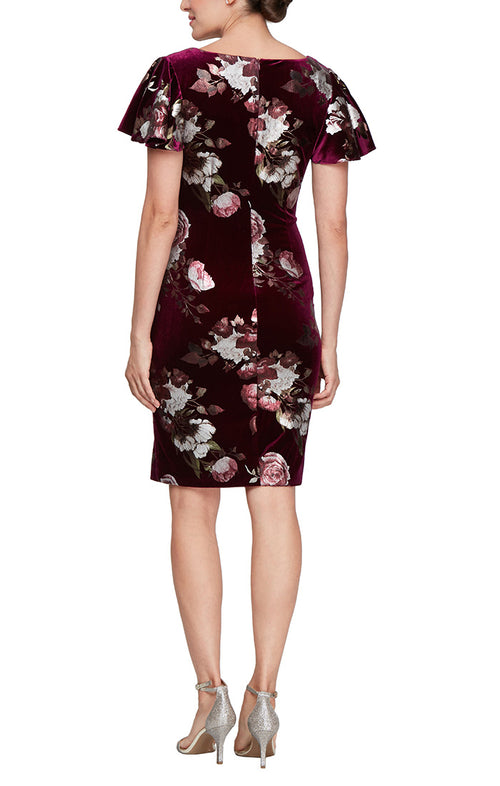 Petite Short Square Neck Foil Printed Velvet Sheath Dress with Flutter Sleeves