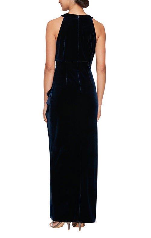 Long Velvet Beaded Halter Neck Dress with Cascade Ruffle Detail