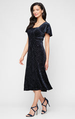 Tea Length Soutache Velvet Dress with Square Neckline, Flutter Sleeves and Godet Detail Skirt