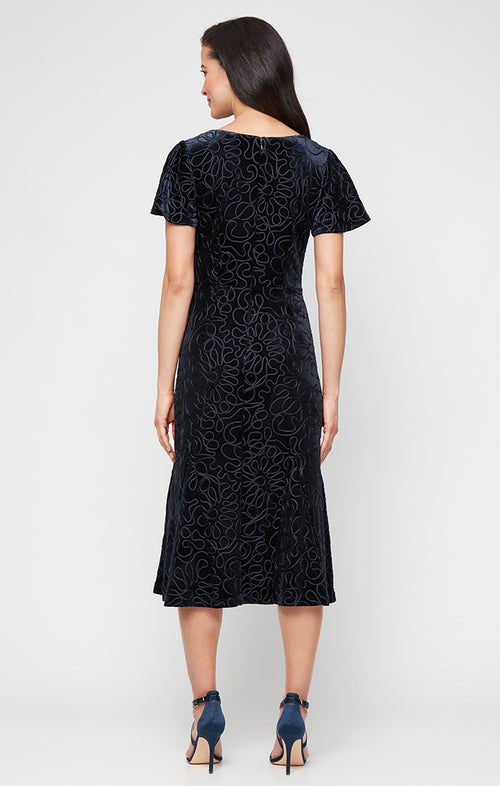 Tea Length Soutache Velvet Dress with Square Neckline, Flutter Sleeves and Godet Detail Skirt