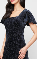 Tea Length Soutache Velvet Dress with Square Neckline, Flutter Sleeves and Godet Detail Skirt