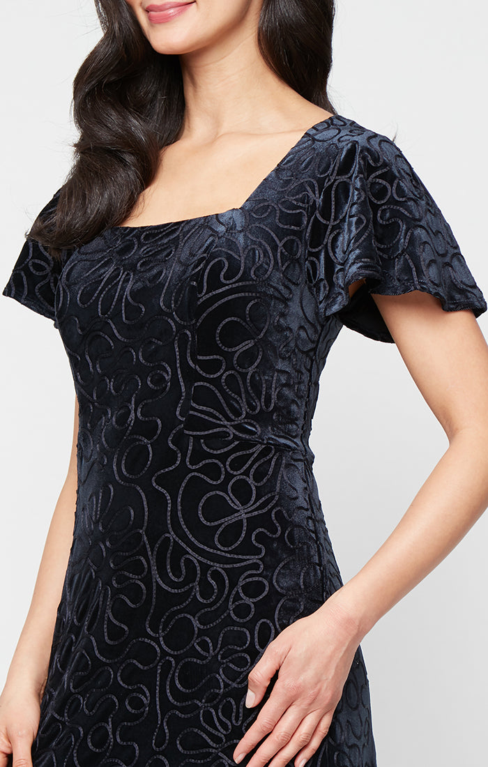 Tea Length Soutache Velvet Dress with Square Neckline, Flutter Sleeves and Godet Detail Skirt