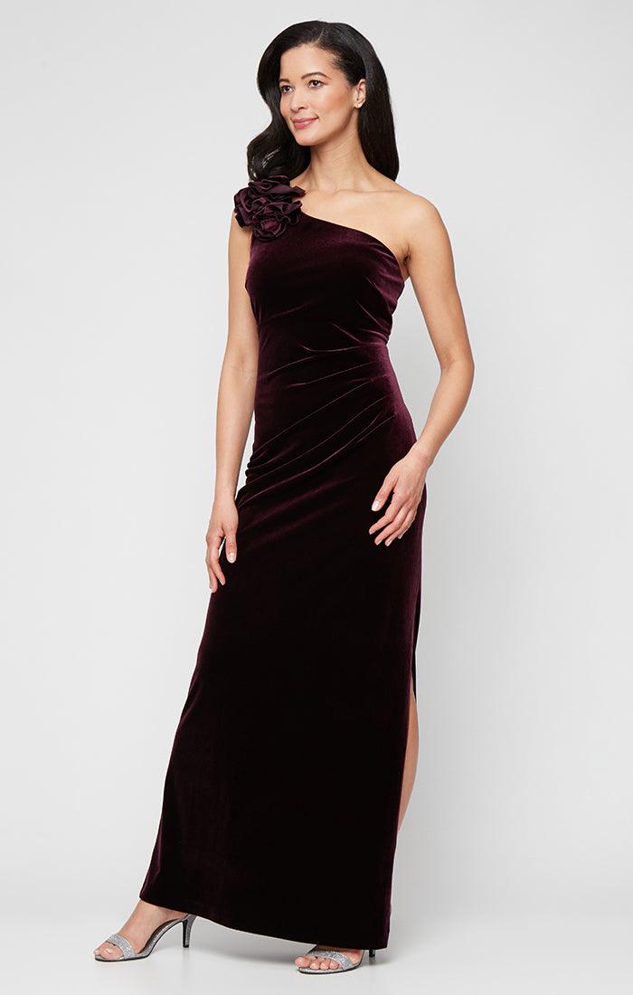 Petite Long Stretch Velvet One Shoulder Dress with Ruffle Detail at Shoulder