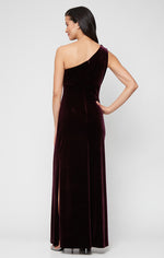 Petite Long Stretch Velvet One Shoulder Dress with Ruffle Detail at Shoulder