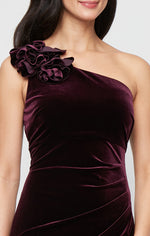 Petite Long Stretch Velvet One Shoulder Dress with Ruffle Detail at Shoulder