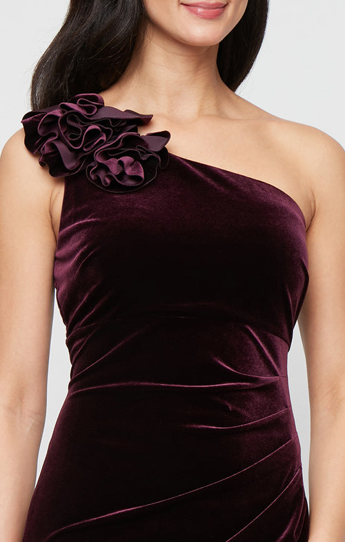 Petite Long Stretch Velvet One Shoulder Dress with Ruffle Detail at Shoulder
