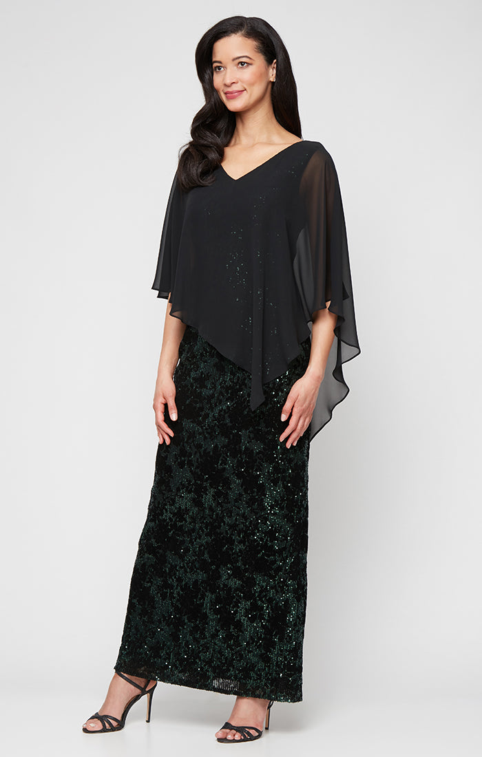 Petite Long Flocked Sequin Column Dress with Asymmetric Chiffon V-Neck Overlay