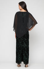 Petite Long Flocked Sequin Column Dress with Asymmetric Chiffon V-Neck Overlay
