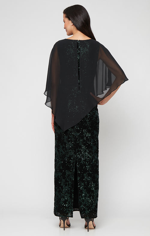 Petite Long Flocked Sequin Column Dress with Asymmetric Chiffon V-Neck Overlay